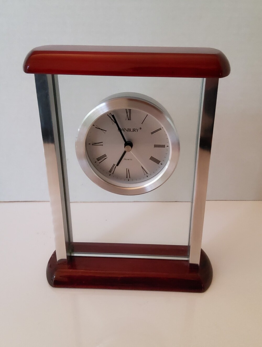 Danbury Red Wood and Silver Glass Mantel Clock